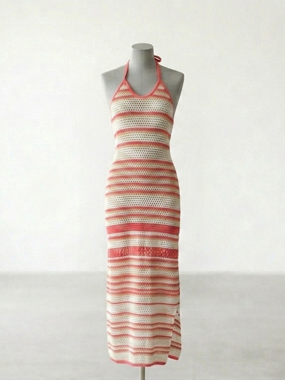 Halter Crochet Maxi Dress in Coral and Cream